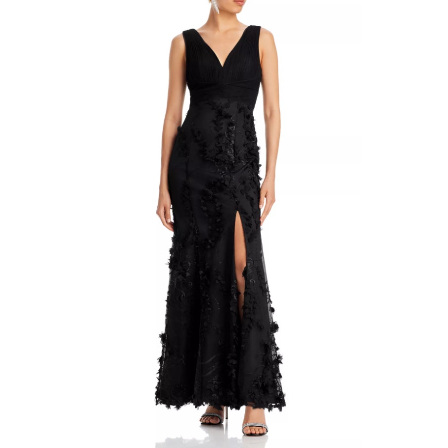 Adrianna Papell Black Floral Appliqu Double V Neck Mermaid Gown Size 10